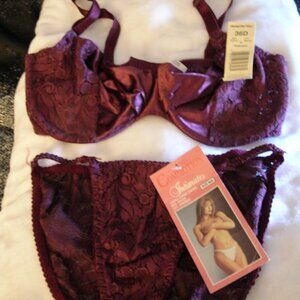 NWT 36D satin & lace Hanes bra & Commotion M/6 panties burgundy brown
